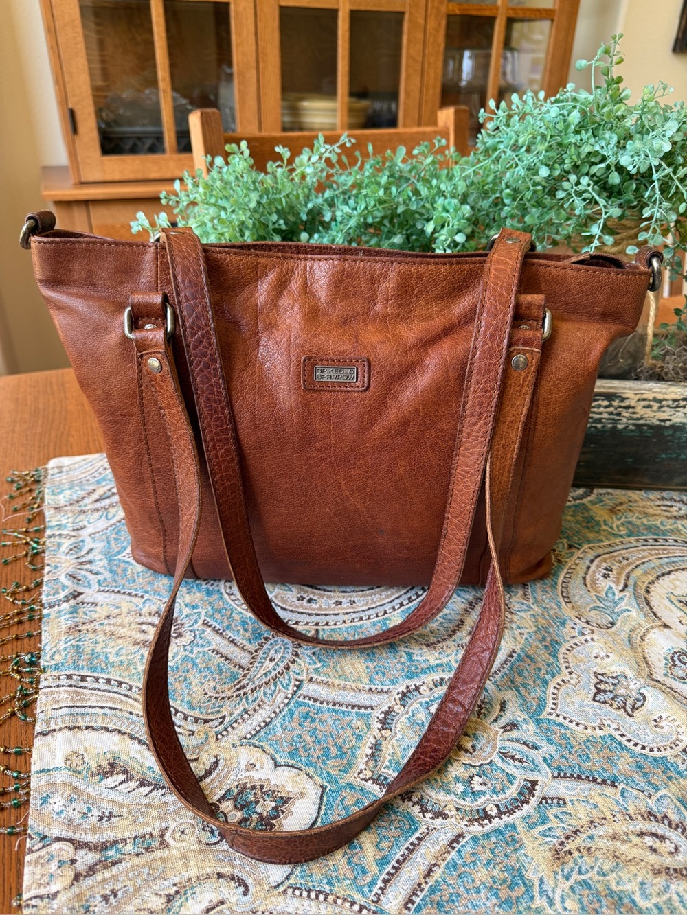 Spikes & Sparrow Natural Leather Shoulder Bag Zip Top Tote